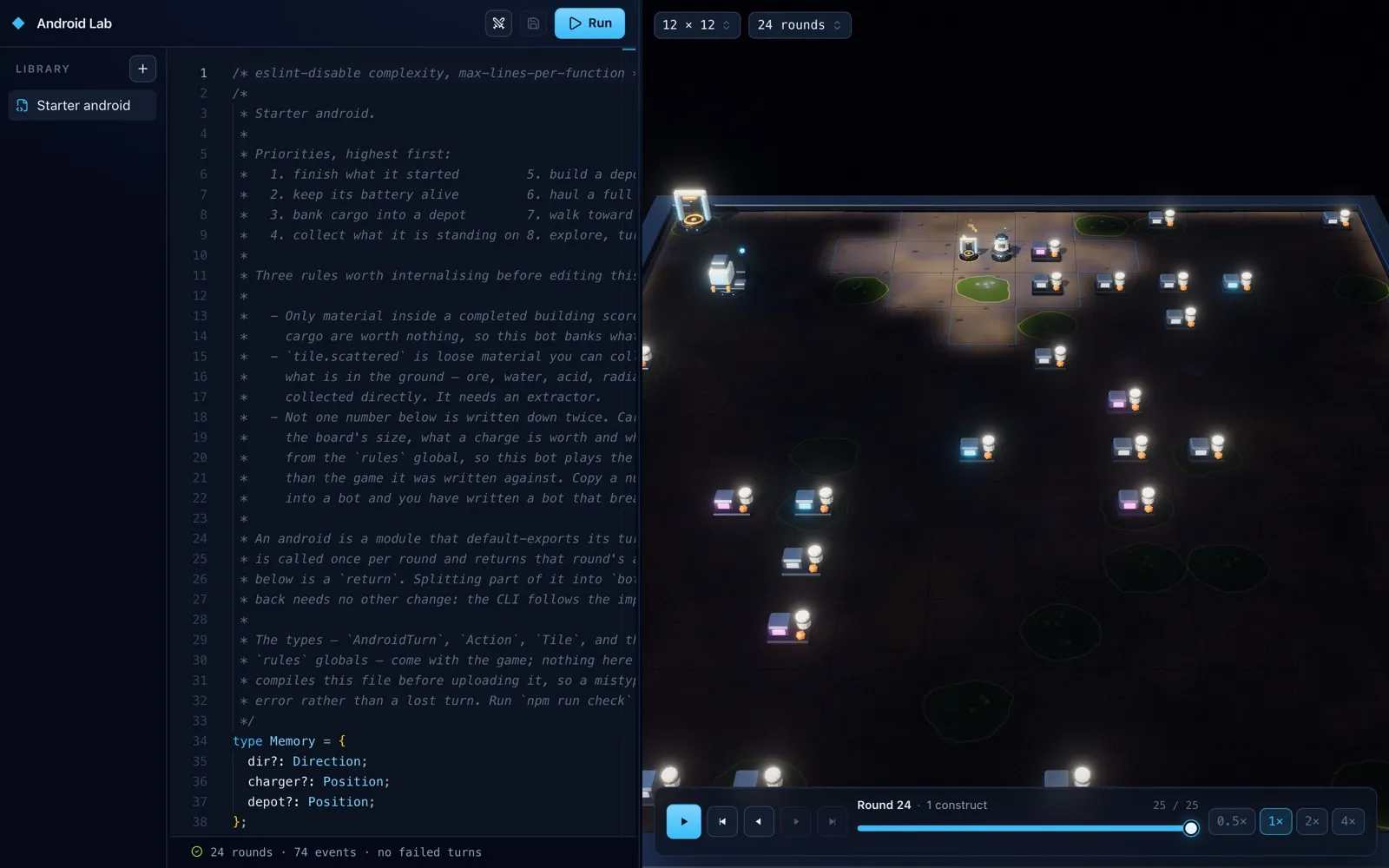 The browser lab: the starter android open in the editor, and the board it produced after 24 rounds beside it.